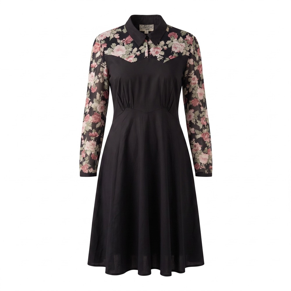 Collectif London Dress 18 Black Floral Mesh Sleeve Retro Rockabilly Pinup Midi